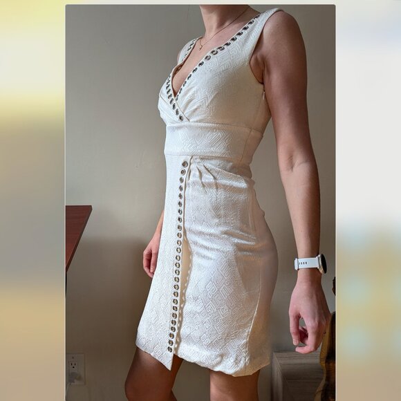 CATHERINE MALANDRINO White 100% Silk Grommet V Neck Cocktail Dress Size 4 - Picture 6 of 16